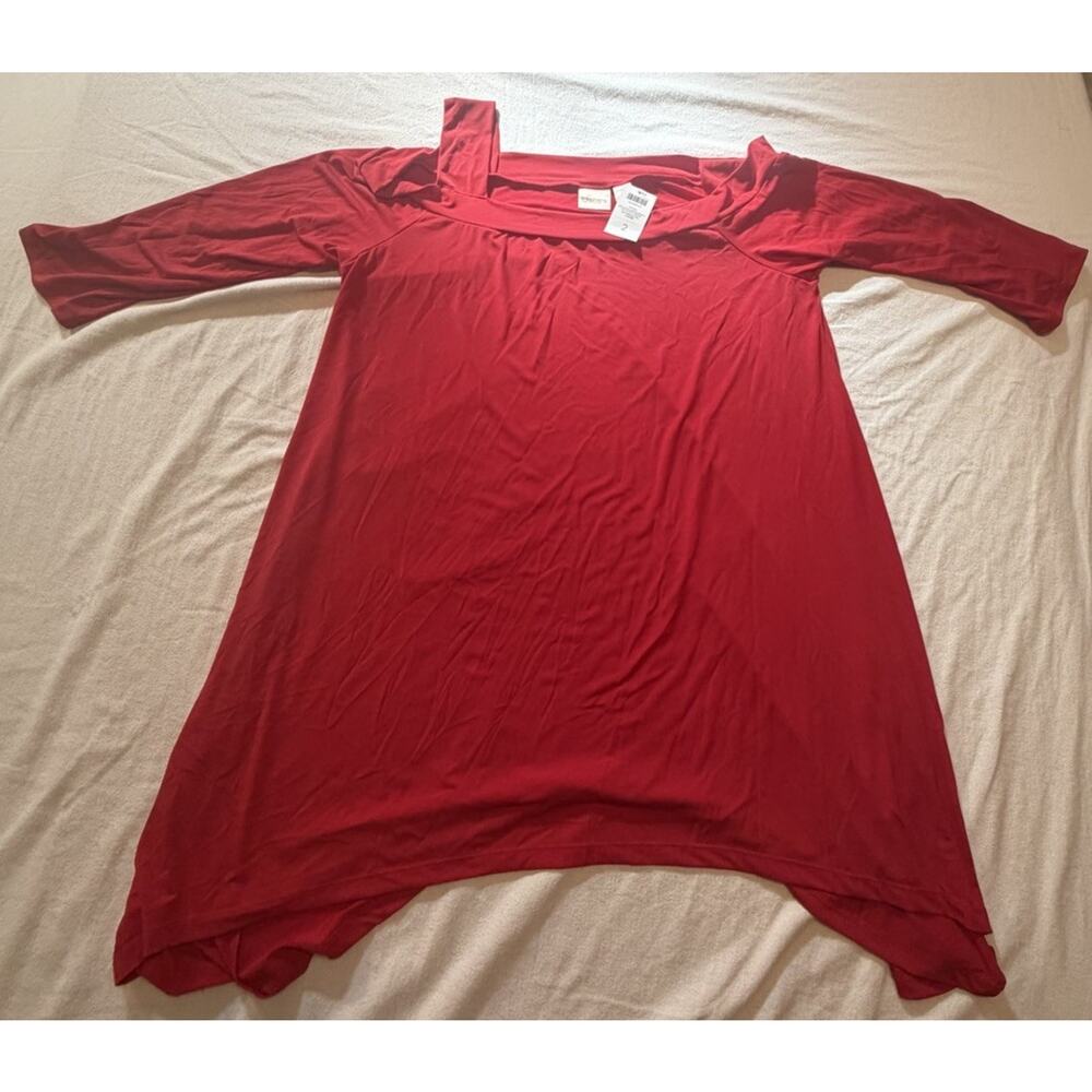 Chico's Red Knit Cold Shoulder Sharkbite Shirt Dress 3/4 Sleeve Size 2